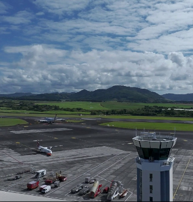 Airport runway and control tower in Mauritius